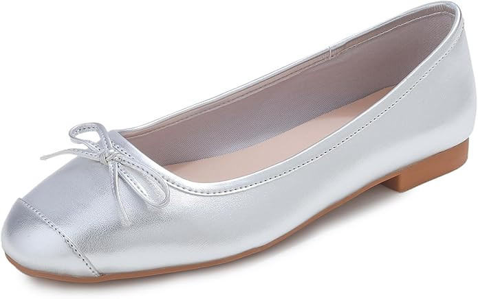 FEVERSOLE Women's Square Toe Fashion Bow Tie Dress Slip On Ballet Flats | Amazon (US)