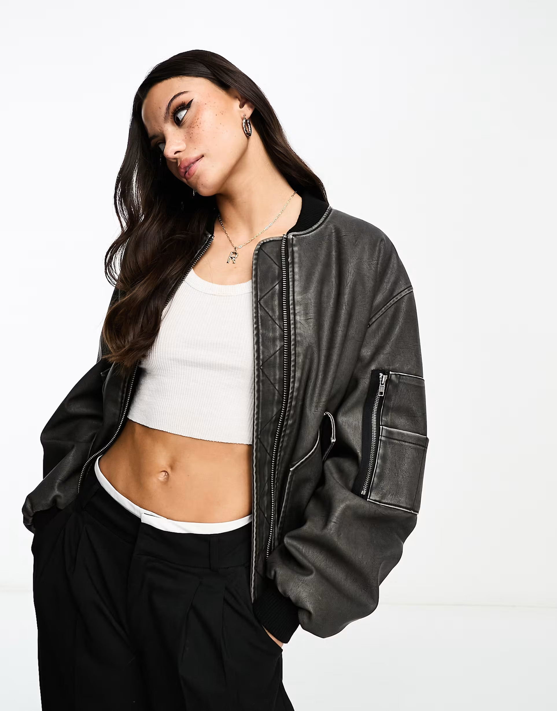 Miss Selfridge washed faux leather oversized bomber jacket in black | ASOS (Global)