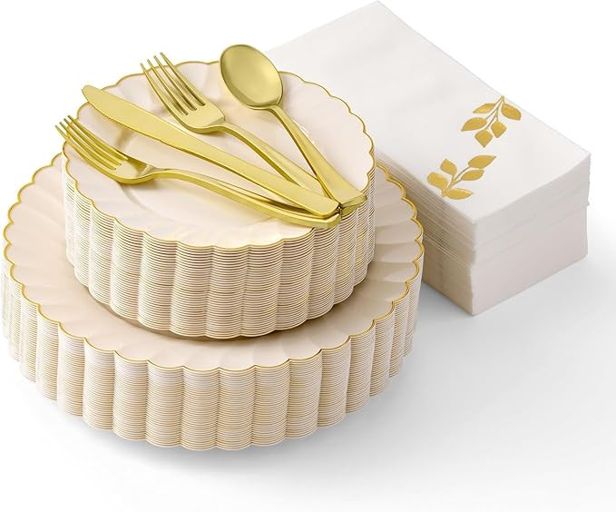 By Madee HIGH END 175 Pc Ivory Scalloped Plastic Plates with Gold Trim | Fancy Plastic Dinnerware... | Amazon (US)