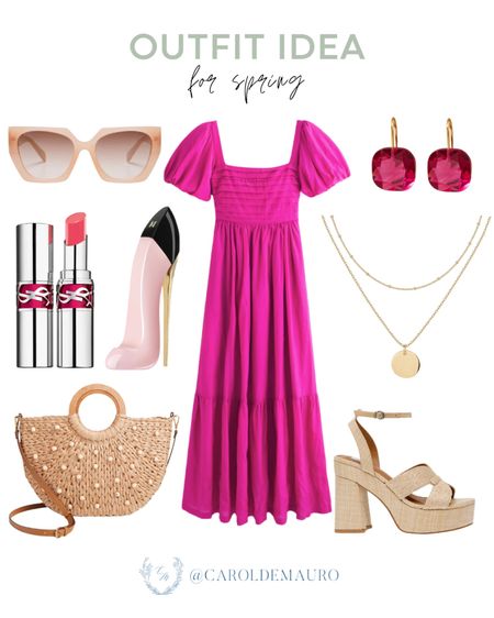 Shop this stylish outfit idea for spring! A puff-sleeve pink midi dress, neutral block heels, a straw handbag, and more! 
#vacationwear #pinkoutfitinspo #classiclook #travellook

#LTKitbag #LTKSeasonal #LTKstyletip