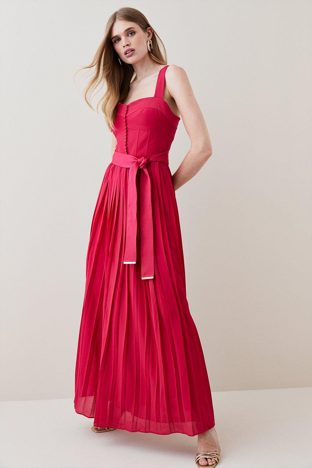 Top Stitch And Pleat Detail Woven Midi Dress | Karen Millen US