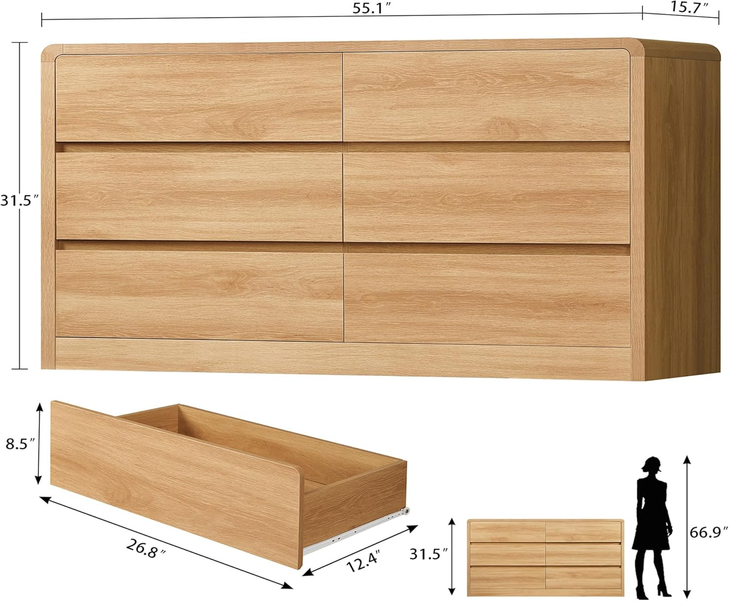 Amazon.com: TEENFON 55" Dresser for Bedroom with 6 Drawers, Dressers & Chests of Drawers with Cur... | Amazon (US)