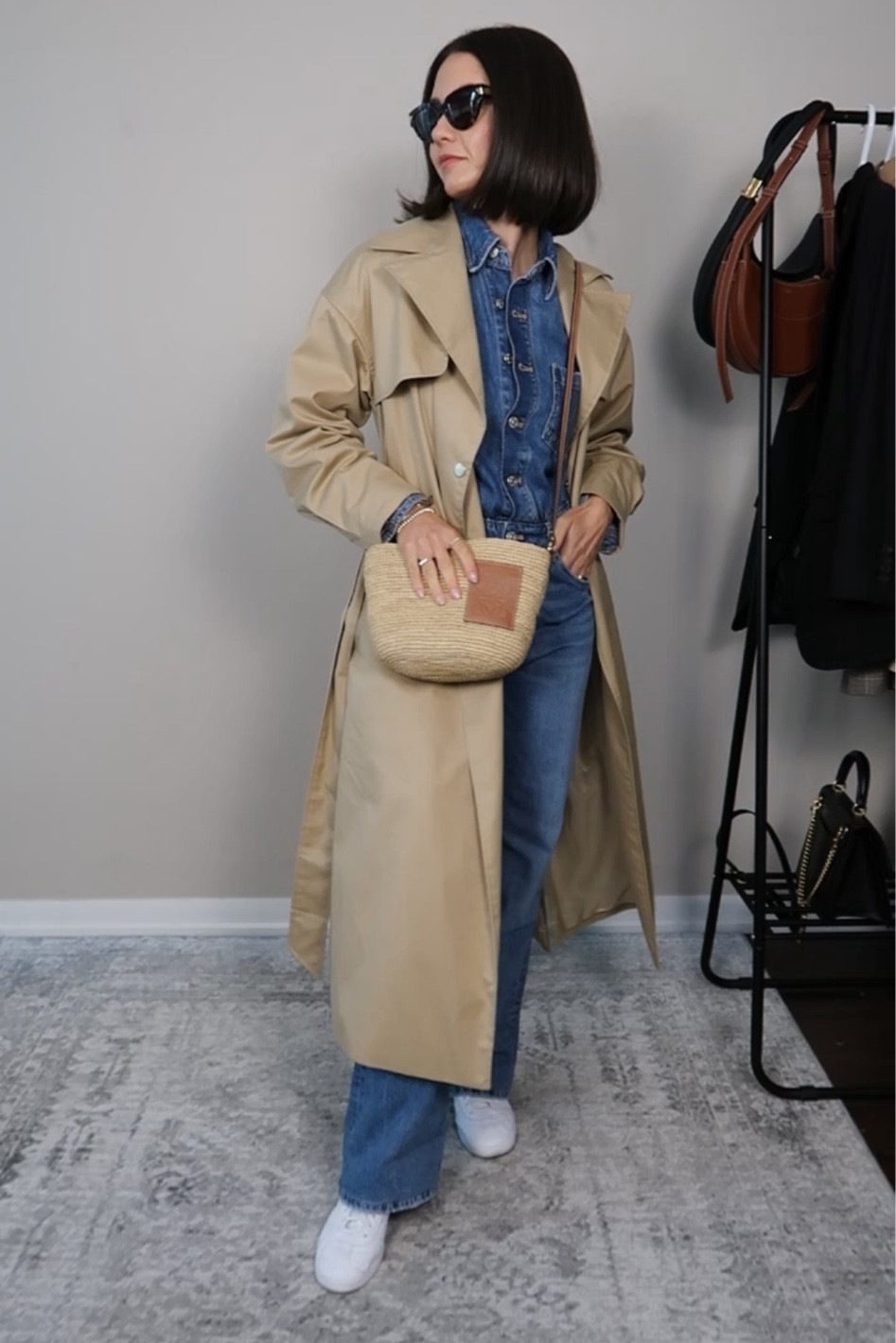 Denim jumpsuit, trench coat, basket bags

#LTKstyletip #LTKSeasonal