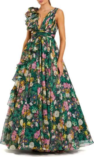 Ruffle Shoulder V-Neck Printed Chiffon Gown | Nordstrom