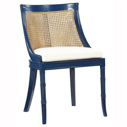 Labor Day Sale | Aspyn Coastal White Upholstered Cane Back Blue Mahogany Wood Wingback Side Chair | Kathy Kuo Home