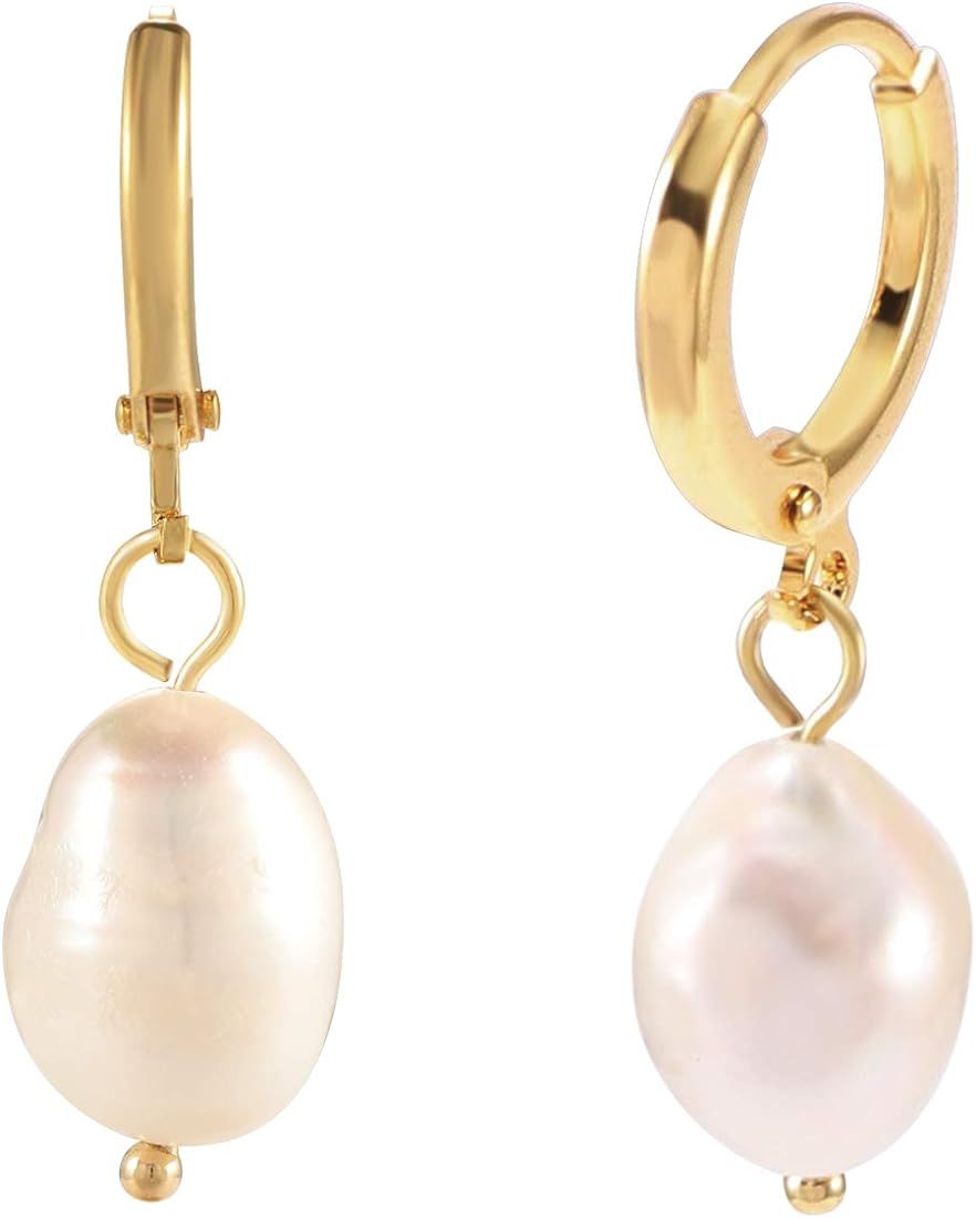 Amazon.com: Huggie Hoop Earrings with Charms Pearl Dangle Earrings 13mm: Clothing, Shoes & Jewelr... | Amazon (US)