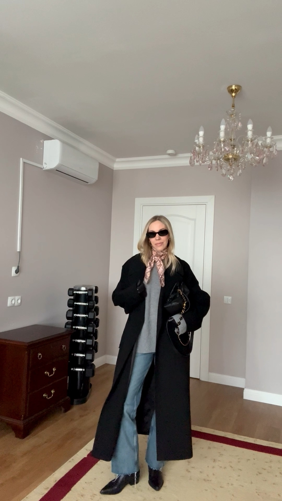 Black oversized wool coat, gray cashmere sweater, silk scarf outfit, Loewe Flamenco handbag, black western boots, style over 40

#LTKOver40 #LTKSaleAlert #LTKootd