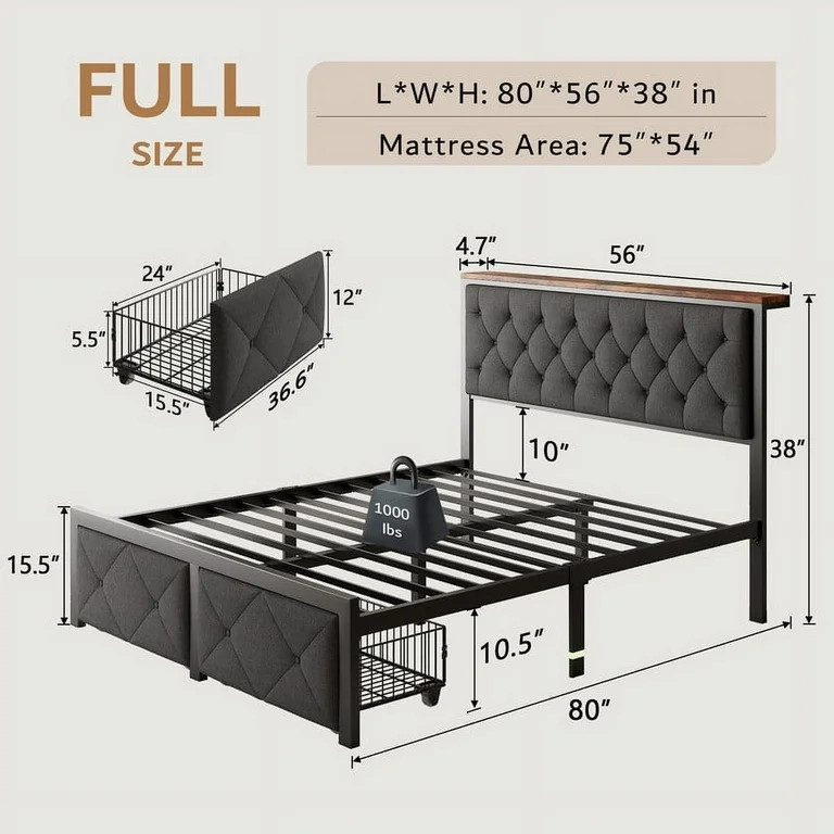 iPormis Full Bed Frame with 2 Drawers, Metal Platform Bed with Charging Station and Linen Fabric ... | Walmart (US)