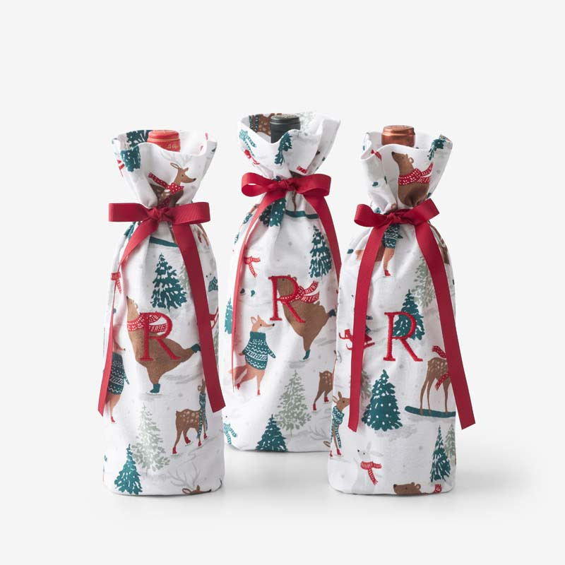 Flannel Wine Bags, Set of 3 - Winter Skating Animals | The Company Store