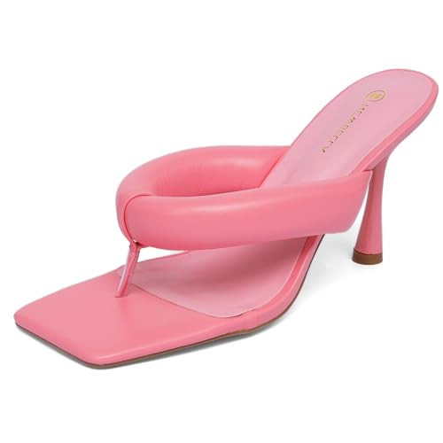 NEWBELLA Women's Square Toe Heeled Sandals Thong Strap Stiletto Heel Slip On Dress Shoes Fashion Summer Heels for Party Date Night Casual Wear | Amazon (US)
