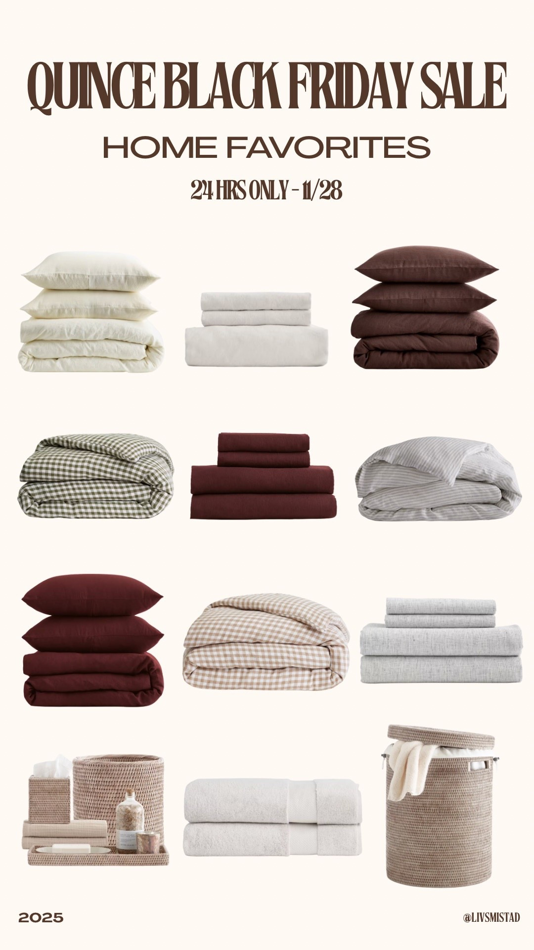 Quince Black Friday is here! 24 hours only on 11/28. Sharing all my womens favorite pieces on sale 🤎 @onequince #quincepartner 

Home finds, Black Friday home finds, neutral bedding, high quality bedding, linen sheet set, linens bedding, gingham bedding, quince home finds, quince bedding, bathroom pieces, rattan bathroom pieces, Turkish towels, luxe bathroom towels, matching towel set 




#LTKHome #LTKSaleAlert #LTKCyberWeek