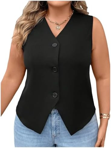 Verdusa Women's Plus Size Button Front Sleeveless Jacket Vest Old Money V Neck Split Blazer Vests | Amazon (US)