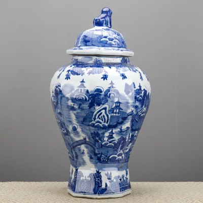 Blue and White Temple Jar with Lid | Wayfair North America