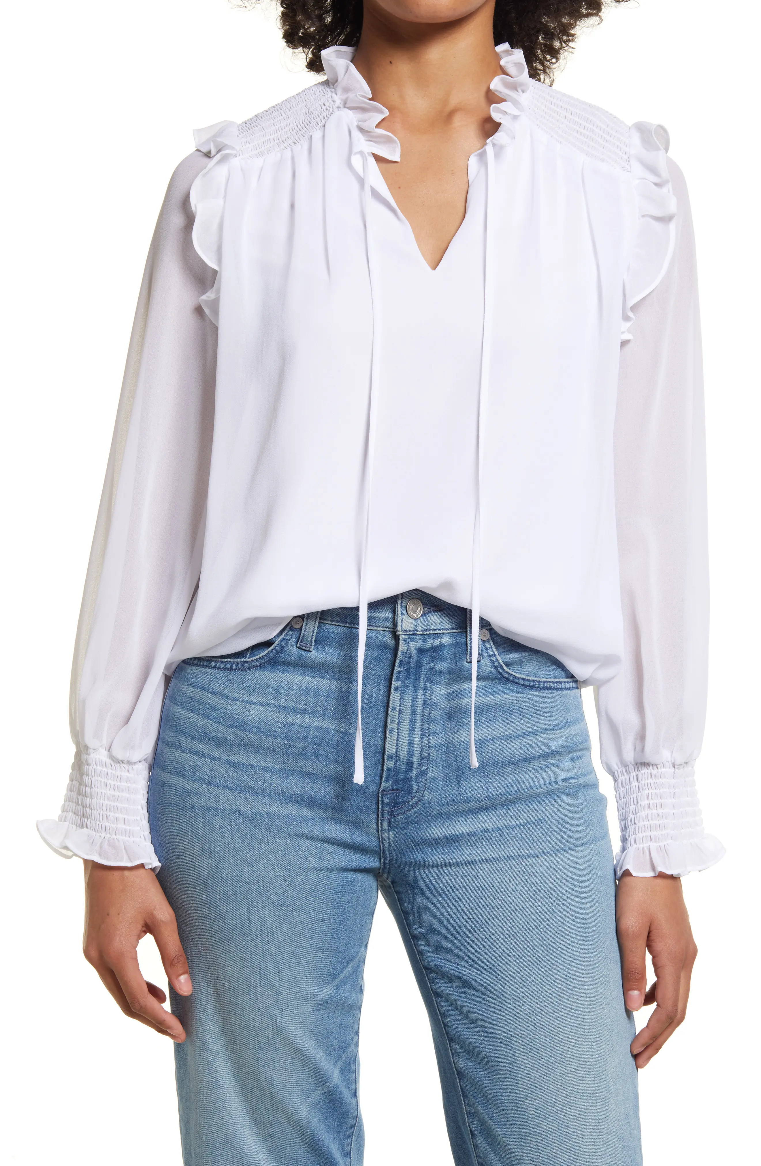 Halogen(R) Ruffle Front Long Sleeve Blouse in White at Nordstrom, Size Xx-Small | Nordstrom