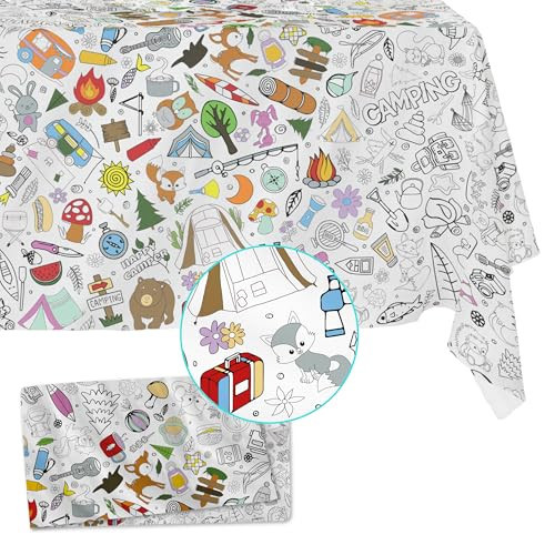 Fabric Reusable Coloring Tablecloth - Washable Coloring Mat for Kids and Adults, Giant Coloring Poster with Bleed-Resistant Lining, Sewn Edges, and Fun Designs (Camping, 48"x60") | Amazon (US)
