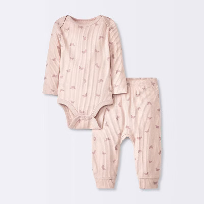 Baby Girls' 2pc Butterflies Wide Ribbed Top & Bottom Set - Cloud Island™ Pink 18M | Target