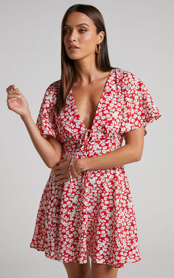 Rosario Mini Dress - Flutter Sleeve V Neck Dress in Red Ditsy Floral | Showpo (US, UK & Europe)