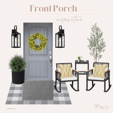 Front porch inspiration! Layer a gray checkered rug under a gray doormat, add a black pot with a faux bush, green and yellow wreath, lantern lights, a bistro set, outdoor throw pillows, and a faux olive tree.

Front porch styling, front porch decor idea, amazon home, outdoor decor

#LTKhome #LTKstyletip #LTKfindsunder50
