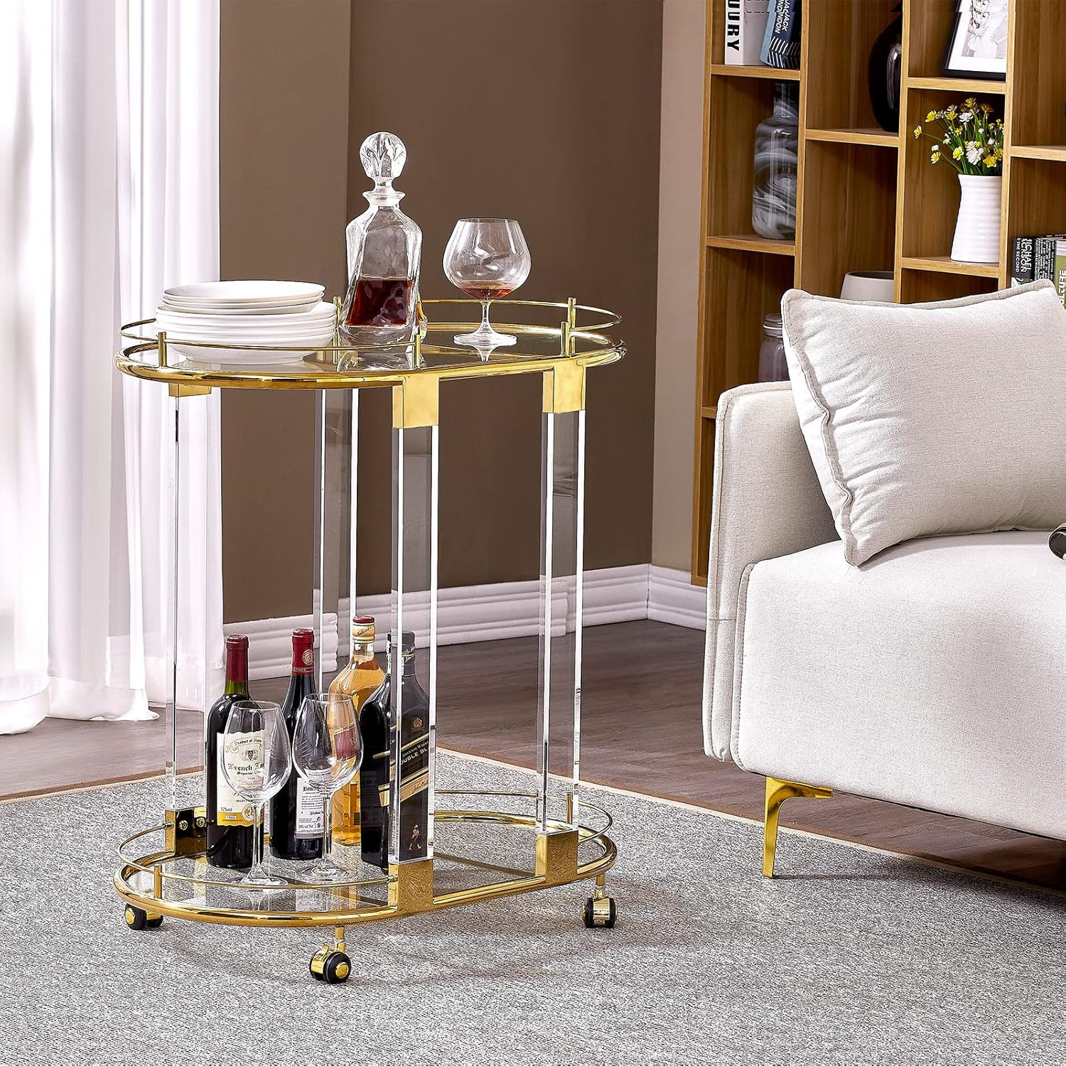 LIKENOW Acrylic Bar Carts on Wheels,Home Bar & Serving Cart,Mobile Wine and Beverage Cart with 2-... | Amazon (US)