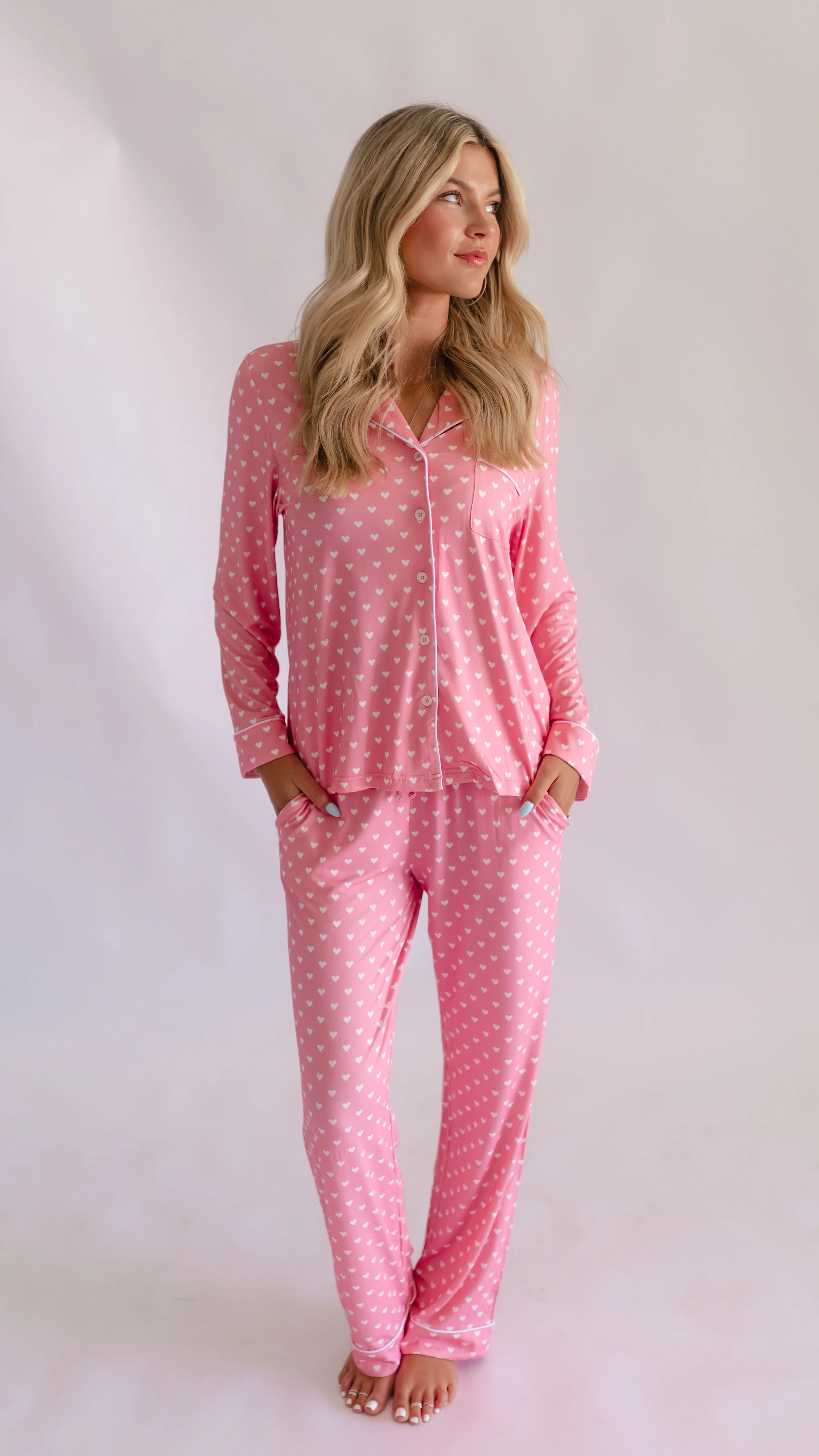 Womens Button Up Set In Pink Hearts | Silks Design