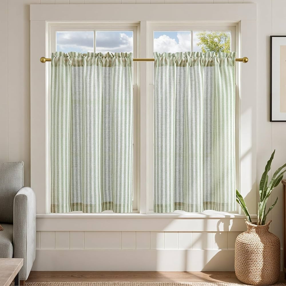 jinchan Linen Kitchen Curtains 36 Inch Length Striped Tier Curtains Ticking Stripe Small Drapes f... | Amazon (US)