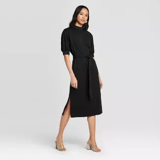 Women's Short Sleeve High Neck Rib Trim A-Line Midi Dress - Who What Wear™ Black | Target