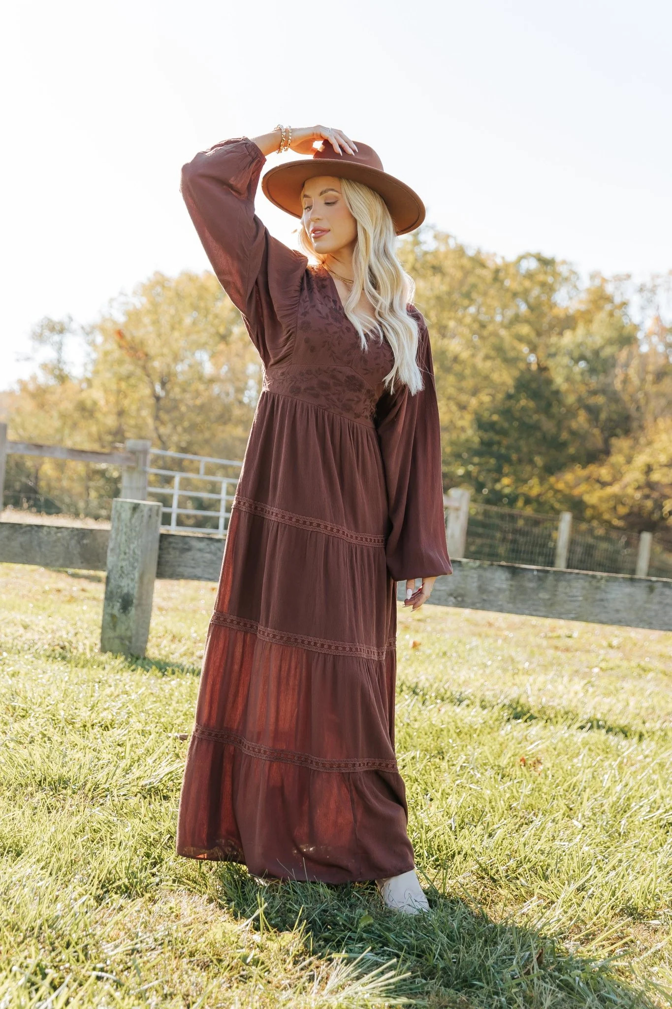 Brown V Neck Embroidered Maxi Dress | Magnolia Boutique
