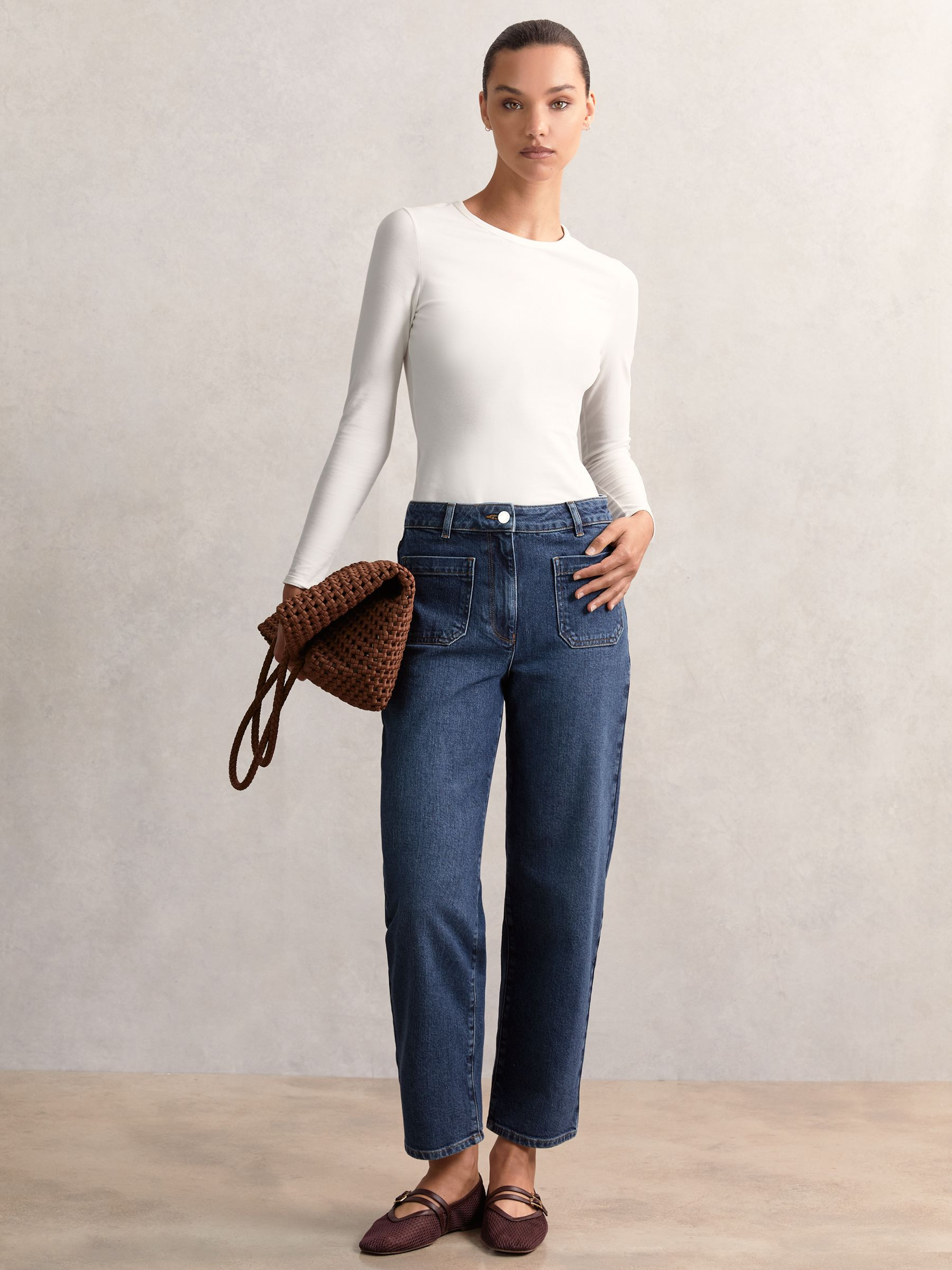Reiss Straight Leg Patch Pocket Jeans in Mid Blue | REISS | Reiss DE