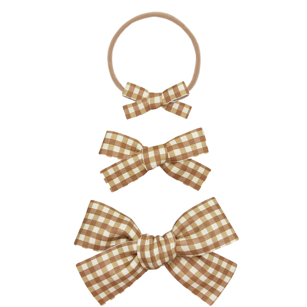 Leather - Bronze Check Bow Headband | Lou Lou & Company