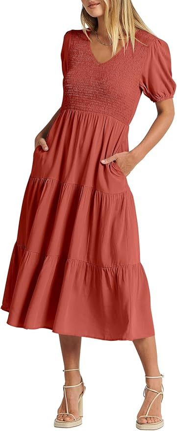 ANRABESS Women's Summer Puff Short Sleeve V Neck Smocked Tiered Swing A Line Beach Midi Dress wit... | Amazon (US)