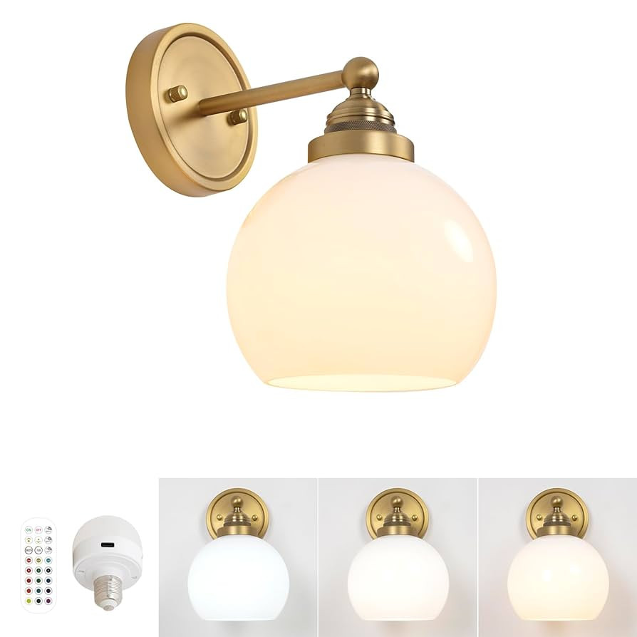 HEQIQEH Vintage Rechargeable Battery Operated Wall Sconce with Milky White Globe Glass Shade, Dim... | Amazon (US)