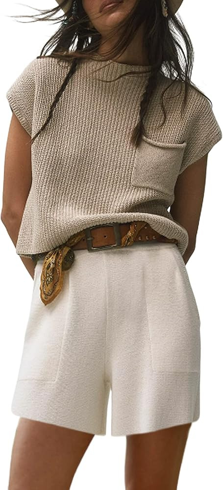 Dqbeng 2 Piece Outfits Knit Sets Two Piece Women Knitted Pullover Tops High Waisted Shorts Sweate... | Amazon (US)