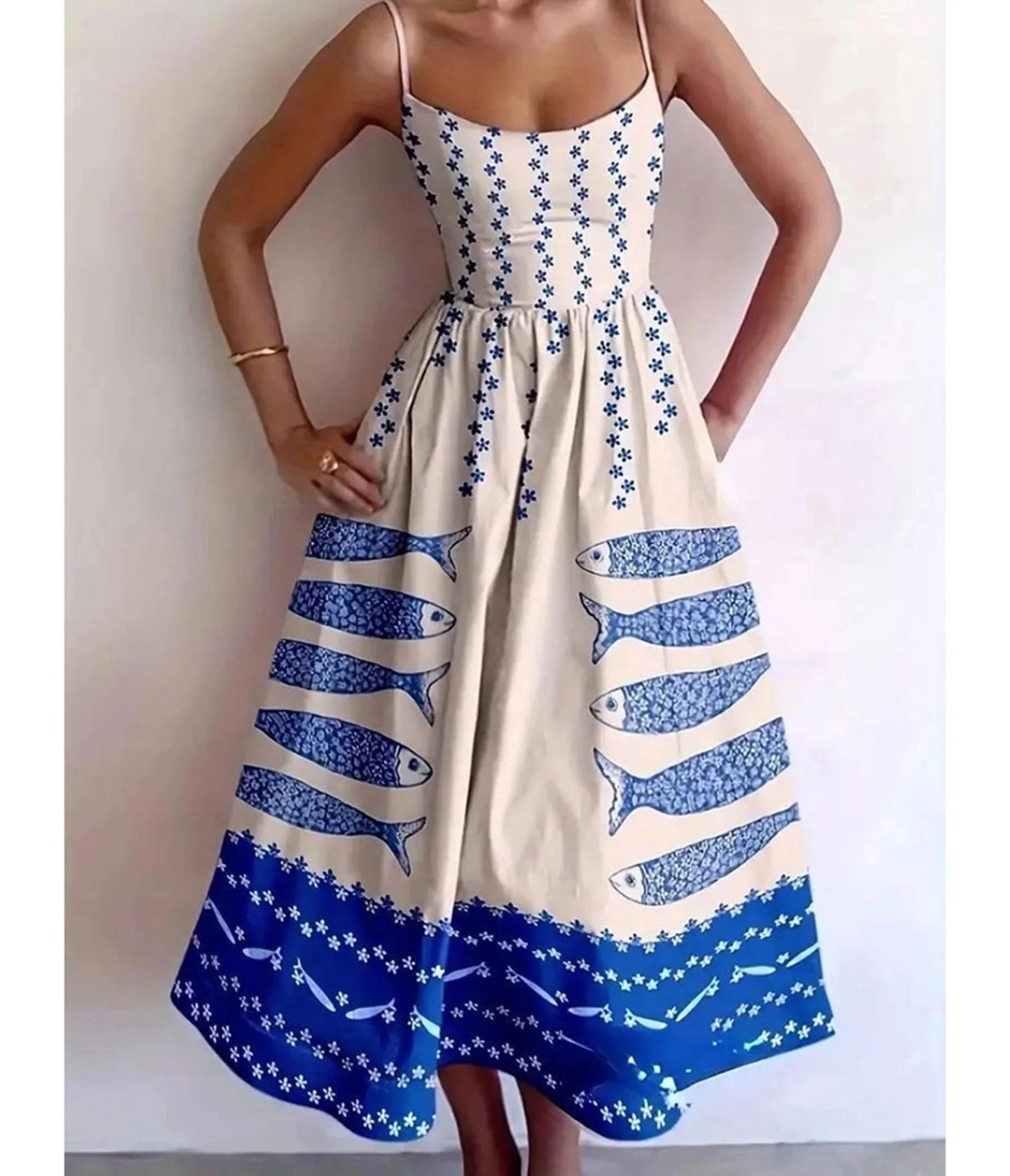 Ivory Sardine Print Spaghetti Strap Midi Dress | Unique Vintage - North America