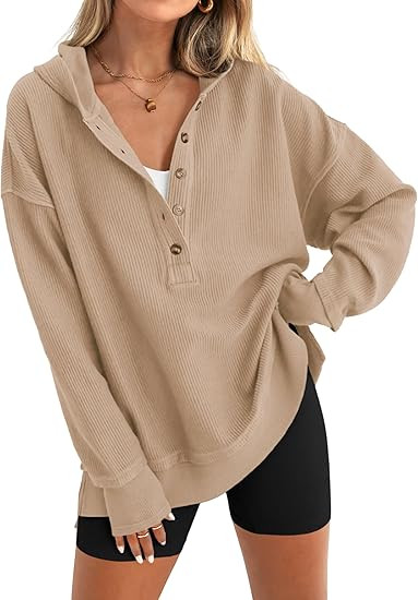 PRETTYGARDEN Womens Fashion 2025 Oversized Long Sleeve Hoodie Button Down V Neck Sweatshirt Side ... | Amazon (US)
