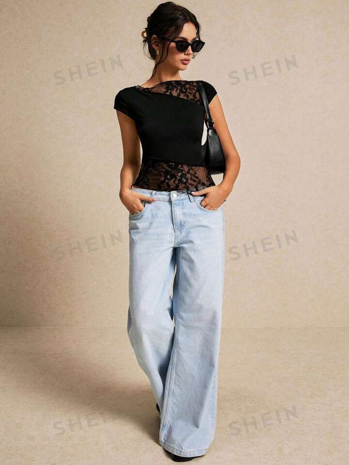 SHEIN Frenchy Women's Summer Slim Fit Asymmetric Lace Short Sleeve T-Shirt With Hem Splicing And ... | SHEIN