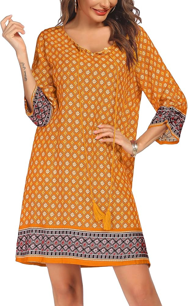 Zeagoo Womens Boho Dresses Casual Beach Summer Dress Tassel Tie Neck 3/4 Long Sleeve Mini Sundres... | Amazon (US)