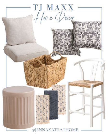 Great home decor find at TJ Maxx, including outdoor patio cushions and outdoor pillows, wicker barstools, accent tables, wicker storage baskets, floral dish towels, and more home decor, coastal style

#LTKfamily #LTKhome