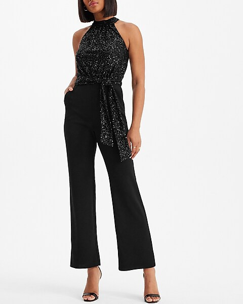 Sequin Halter Neck Tie Waist Jumpsuit | Express