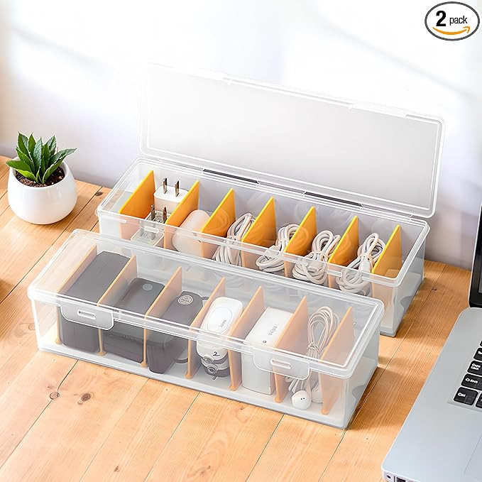 2 Pack Clear Cable Organizer Box with Lid, Plastic Charger Cable Cord Storage Organizer, Office D... | Amazon (US)