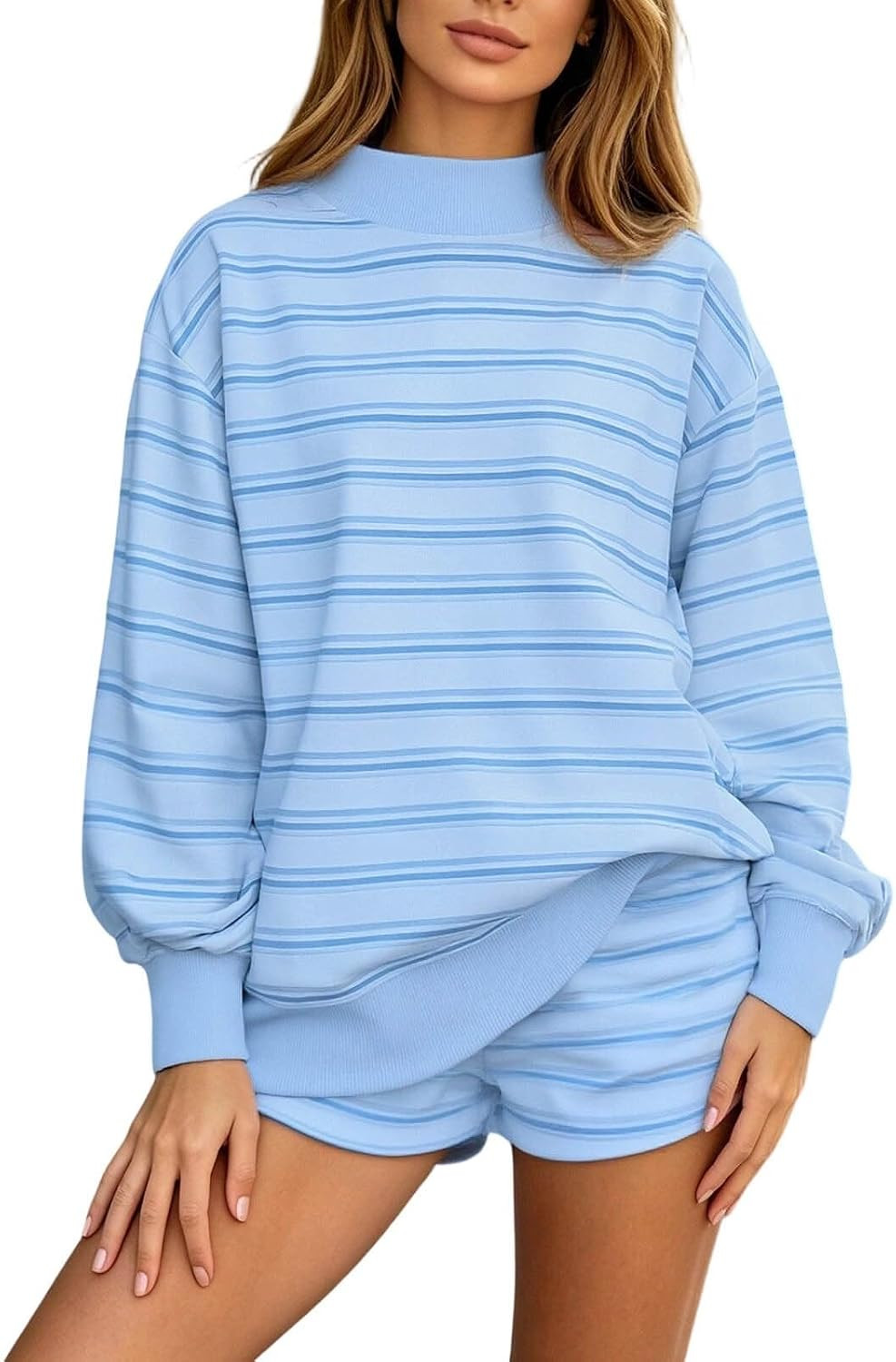 Womens Striped Matching Set Long Sleeve And Shorts Mock Neck Sweatshirt | Amazon (US)