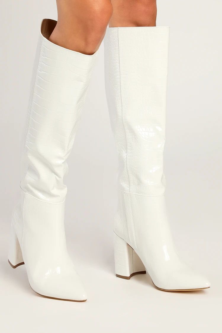 Katari White Crocodile-Embossed Pointed-Toe Knee High Boots | Lulus (US)