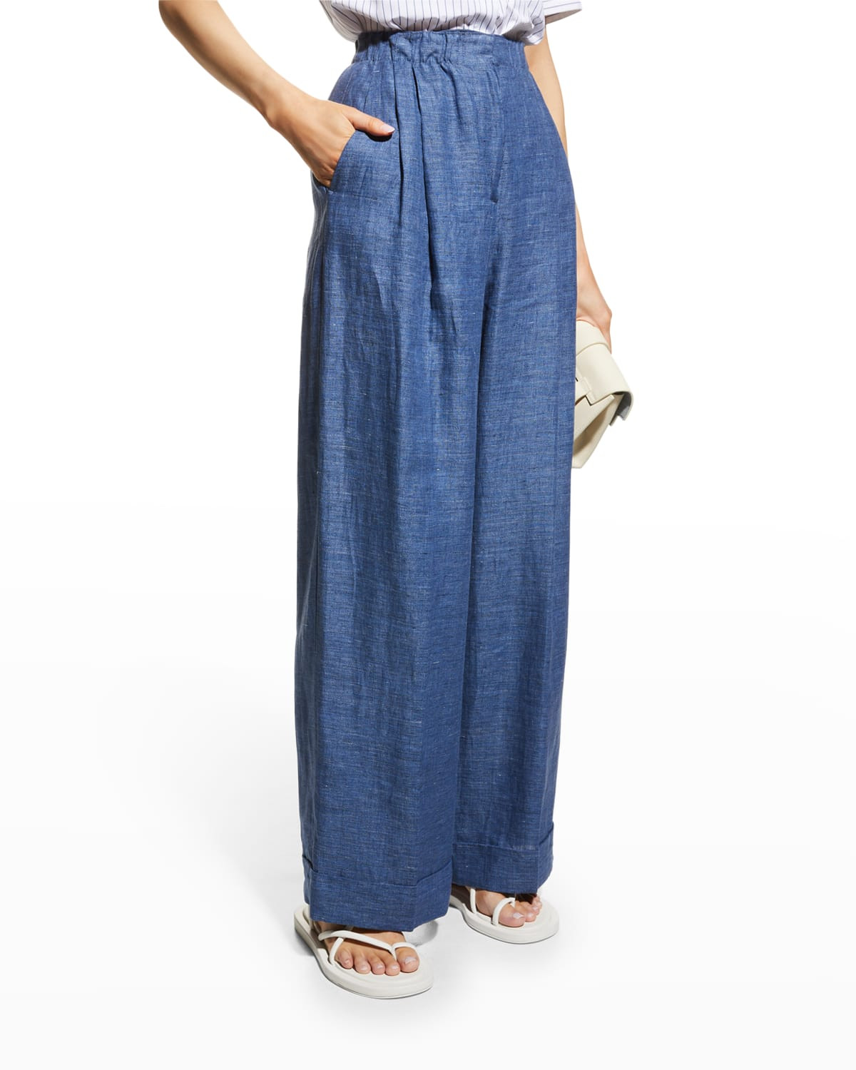 Denim-Effect Wide-Leg Linen Trousers | Neiman Marcus