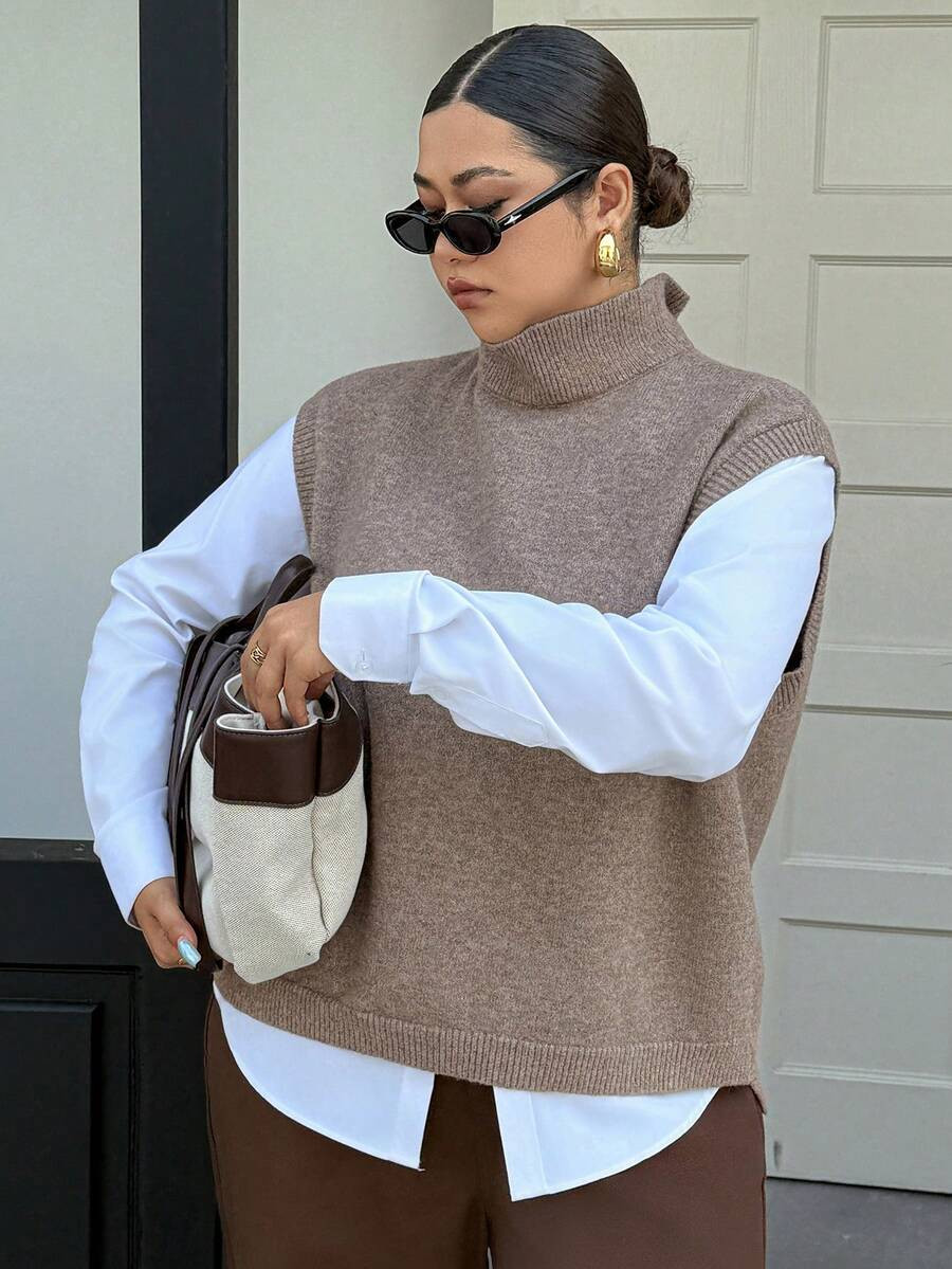 Dazy Plus Plus Size Women Solid Color Casual High Neck Sleeveless Sweater Vest, Versatile For Aut... | SHEIN