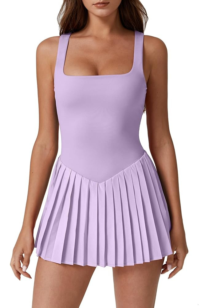 QINSEN Womens Square Neck Tennis Dress Pleated Sleeveless Built in Shorts Golf Athletic Dress wit... | Amazon (US)