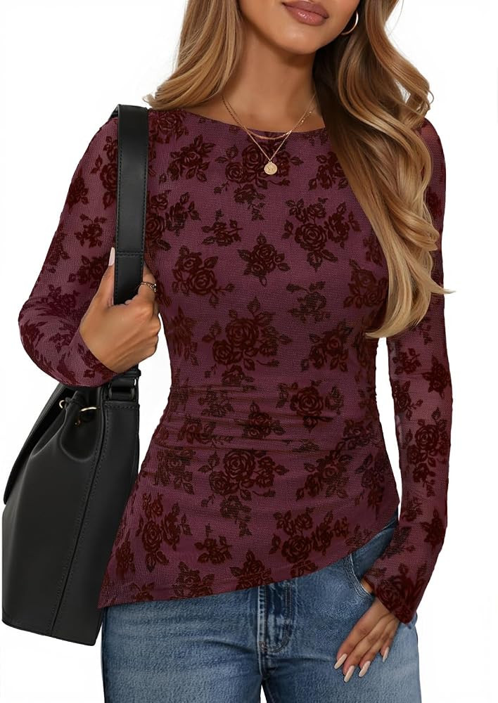 ZESICA Womens Floral Long Sleeve Shirts 2025 Fall Boat Neck Ruched Tops Slim Fitted Asymmetrical ... | Amazon (US)