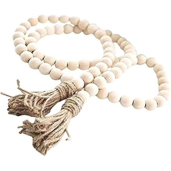 Farmhouse Beads 58in Wood Bead Garland with Tassels Rustic Country Decor Prayer Boho Beads Big Wall  | Amazon (US)
