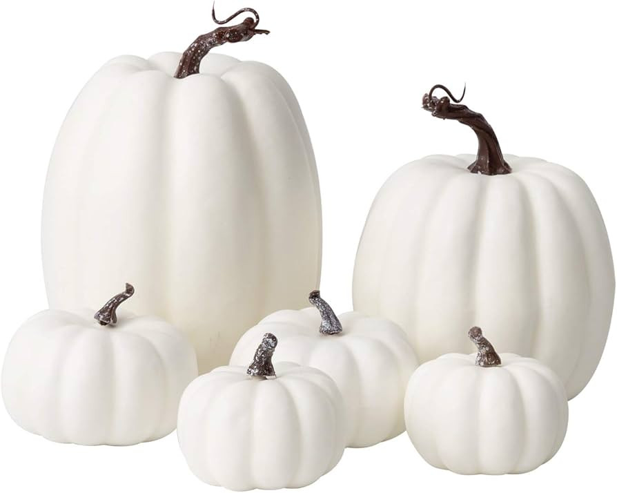Oyydecor 6Pcs Assorted Sizes Artificial Pumpkins Decoration Harvest Fall White Pumpkins Fake Foam... | Amazon (US)