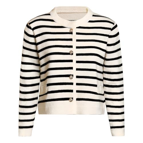 aingycy Women's Cardigan Sweaters Casual Striped Cropped Sweater Long Sleeve Ribbed Knit Lady Jacket with Patch Pockets Black | Amazon (US)
