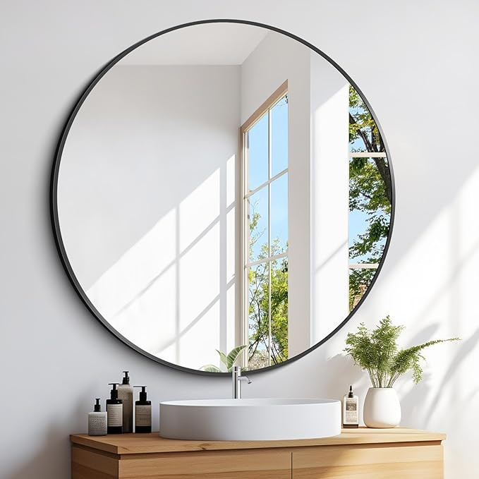 Black Round Mirror 39 inch Large Circle Mirror, Aluminum Alloy Metal Frame Bathroom Mirror, Round... | Amazon (US)