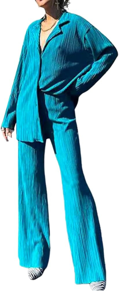 ECHOINE Womens Casual 2 Piece outfits - Long Sleeve Button Blouse Top Wide Leg Loose Streetwear L... | Amazon (US)